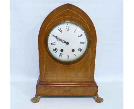 Edwardian inlaid mahogany bracket clock of lancet form with twin train dial, inlaid with boxwood stringing, on gilt metal ani
