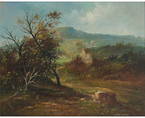 Unbekannter Meister (19. Jh.), "Landschaft mit Blick auf einen Berg", Öl auf Holz, signiert unten rechts van Ring, 25 x 30 cm