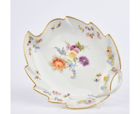 Blattschale, Meissen, Schwertermarke, 1850-1924, 1. Wahl, Asthenkel mit plastischen Blüten, Blumen und Insekten, bunt, Goldra