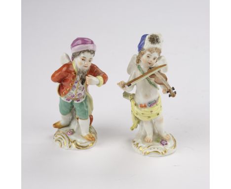 2 Porzellanfiguren, "Amorette mit Bart", "Amorette mit Geige", Meissen, Schwertermarke, 1. Wahl, Modellnummern 16, 20, polych