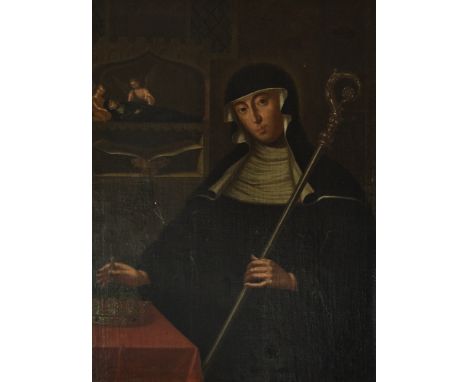 Sakralmaler (wohl 17./18. Jh.), "Heilige Walburga", Öl auf Leinwand auf Karton, 98 x 74, mehrere restaurierte Leinwandbeschäd