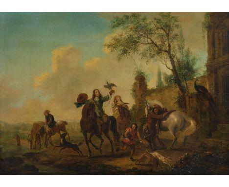 Wouwerman, Pieter (1623 - ca. 1682) nach (?), "Falkenjagd", Öl auf Holz, monogrammiert unten rechts PHLS(lig.)W, 44 x 62 cm, 
