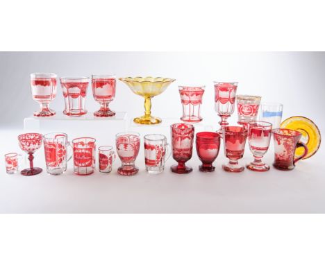 20 Souvenirgläser, meist 19. Jh., Glas, rot bzw. gelb bzw. blau überfangen, bezeichnet, verschieden, u.a. Eberstein, Baden, 2