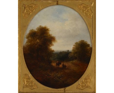 Englischer Meister (Anfang 19. Jh.), "Landschaft mit Personenstaffage", Öl auf Pappe, 41.5 x 34.5 cm (oval), PrunkrahmenProve