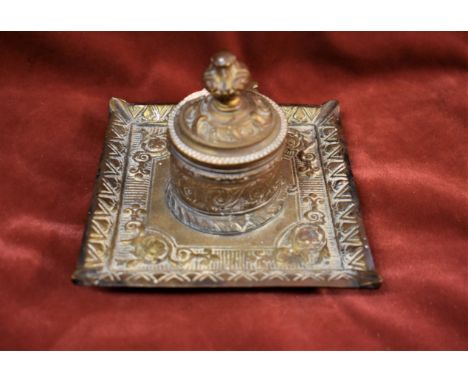 Victorian Brass Inkwell, a floral design in the form of an ash tray with the ink pot central, a small clay pot inside to hold