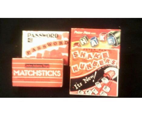 Toys and games - Vintage boxed games, Peter Pan 'Shake Numbers' and 'Shake Words' with John Adams 'Passwords' and 'Match-Stic