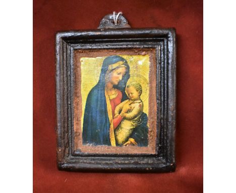Orthodox Christian Ceramic Icon, made from clay and a portable size in the Byzantine style of the Baby Jesus being held by th