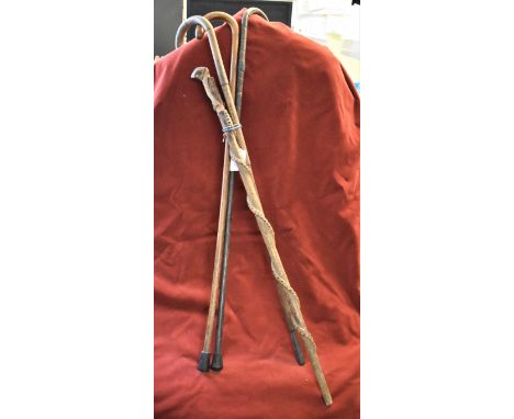 Vintage Bamboo and ornamental Walking Sticks (4 in total), one made H&amp;Co. London, another in the design of a snake coilin