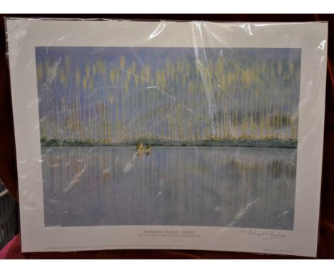 Morley, Michael 'Waterside Poplars - Nepal' Limited Edition signed print, from the original Pastel painting. 320x385mm