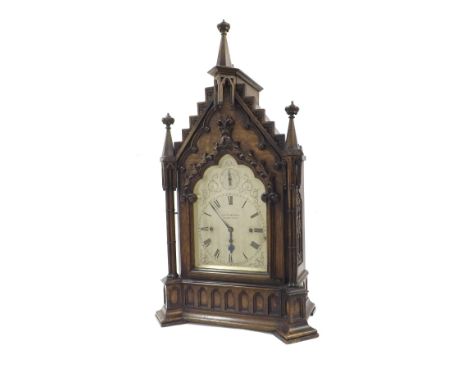 Good large English oak triple fusee Gothic mantel clock, the movement and silvered dial stamped Klastenberger, 157 Regent Str