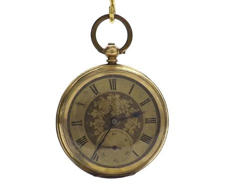 14K lever pocket watch, unsigned three-quarter plate movement, the dial with Roman numeral chapter enclosing a foliate engrav