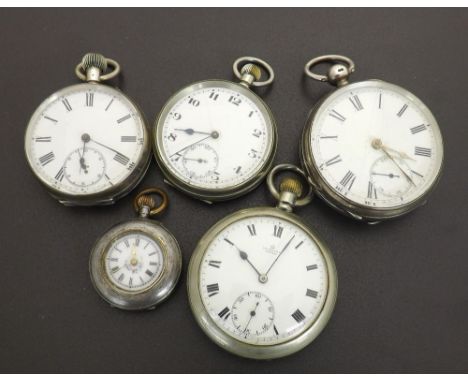 Two silver lever engine turned pocket watches; together with two further lever pocket watches and a cylinder fob watch (5)