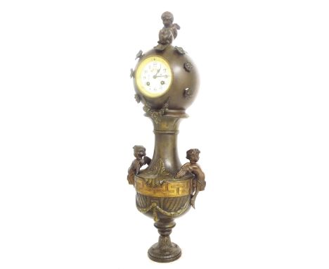 Large decorative spelter two train mantel clock, the movement with outside countwheel striking on a bell, the 3" circular dia