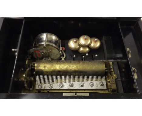 Rosewood and ebony banded music box playing on ten airs, the 9.25" cylinder striking on four bells and a drum, within foliate