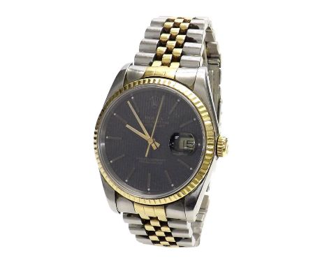 Rolex Oyster Perpetual Datejust steel and gold gentleman's bracelet watch, ref. 16233, no. R724xxx, circa 1987, black texture