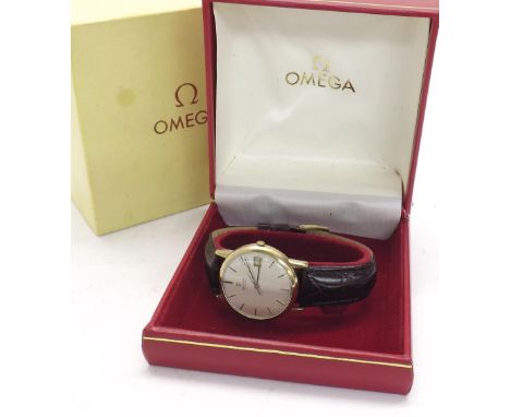 Omega 9ct automatic gentleman's wristwatch, the circular silvered dial with baton markers, sweep centre seconds and date aper