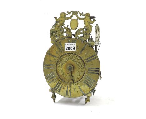 Antique verge lantern clock in need of restoration, the 6.5" brass chapter ring enclosing a foliate engraved centre signed Du