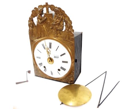 French Comtoise two train wall clock, the birdcage movement with verge escapement striking on a bell, the 8.5" circular conve