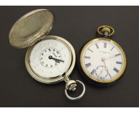 Gunmetal lever pocket watch, the case with an Omega stamp, 48mm; together with an Ingersoll engine turned Braille dial pocket
