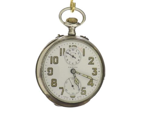 Zenith white metal (0.800) alarm pocket watch, the gilt movement with hammers striking on a gong, no. 408063, the dial with l