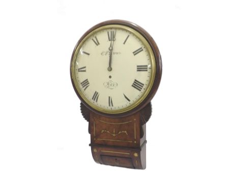 Good mahogany single fusee 12" convex drop dial wall clock signed C.F. Sewns, Rye, within a turned surround over fan carved e