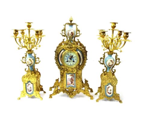 French bronzed two train ornate mantel clock garniture striking on a bell, the 4" dial with Roman cartouche enamel numerals, 