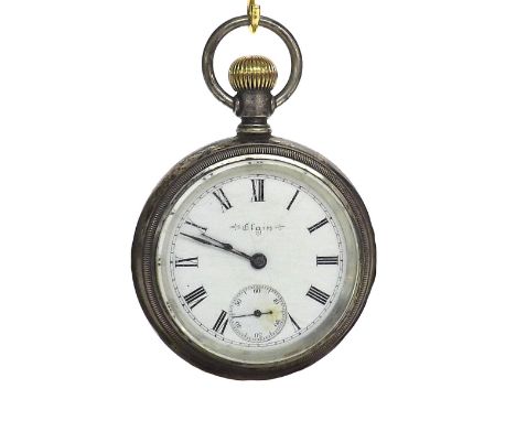 Elgin silver lever pocket watch, signed 7 jewel movement, no. 9487614, with safety pinion, the signed dial with Roman numeral