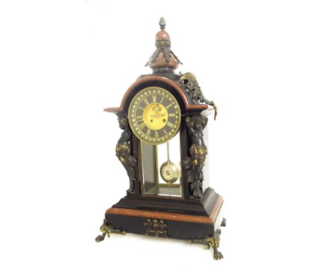 Large decorative black slate and rouge marble two train bracket clock striking on a bell, the 5" slate chapter ring enclosing