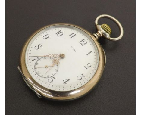 Omega white metal (0.800) lever pocket watch, gilt frosted signed movement, the dial with Arabic numerals, subsidiary seconds