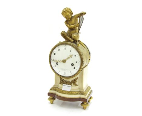 French ormolu and white marble drumhead figural two train mantel clock, the movement with outside countwheel striking on a be