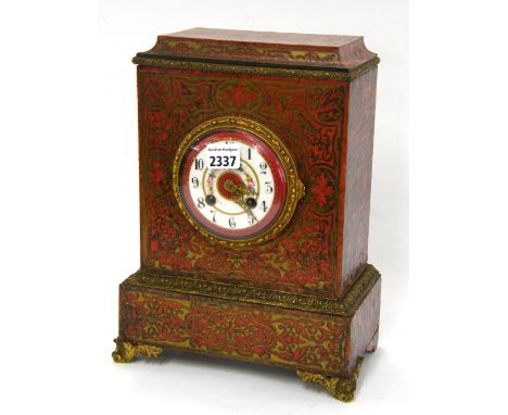 French two train boulle mantel clock, the movement with outside countwheel striking on a bell, the 4" enamel dial within a st