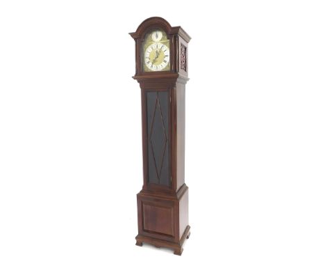 Good early 20th century mahogany three train longcase clock, the 10.5" brass arched dial with silvered chapter ring enclosing