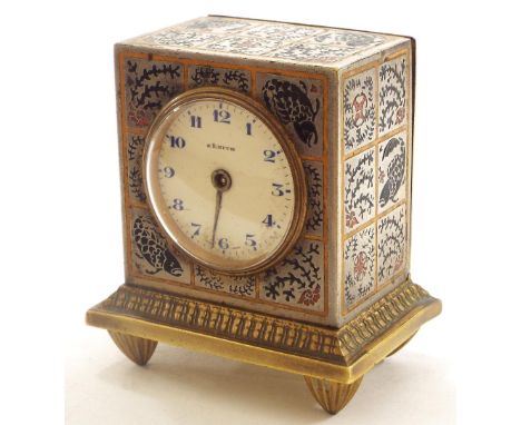 Zenith Watch Co. miniature enamel alarm clock, the 1.5" dial within an ornate silvered brass case, stamped Metal Dore, no. 79