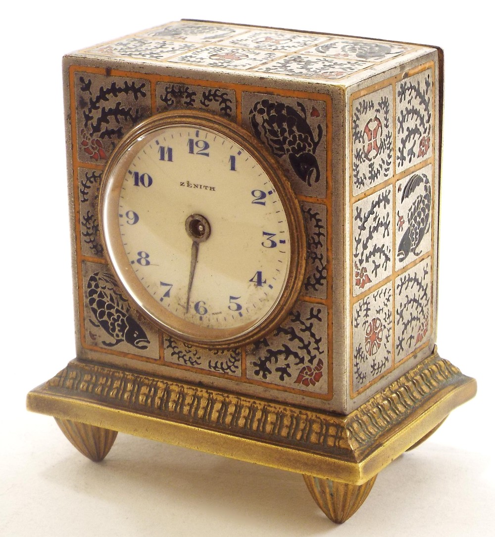 Zenith Watch Co. miniature enamel alarm clock, the 1.5" dial within an