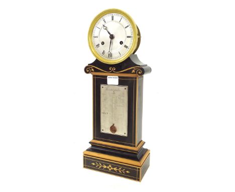 French ebonised and boxwood inlaid two train mantel clock striking on a bell, the 4.25" silvered dial and open-sided movement