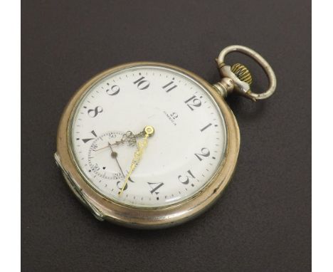 Omega white metal (0.800) lever pocket watch, signed gilt frosted movement, no. 5199654, the dial with Arabic numerals and su