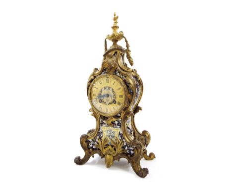 French ormolu and cloisonne two train mantel clock striking on a bell, the 3.5" gilded chapter ring enclosing a cloisonne cen