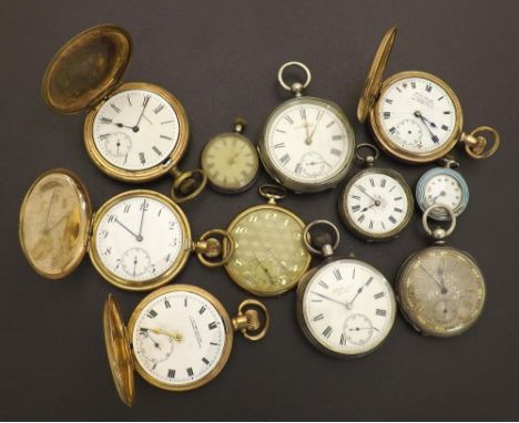 Mixed selection of assorted pocket and fob watches principally for repair, to include four gold plated hunter pocket watches,