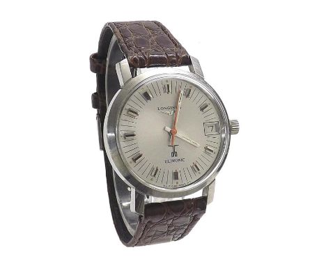 Longines Ultronic stainless steel gentleman's wristwatch, the circular silvered dial with baton markers, red sweep centre sec