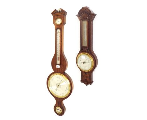 Reproduction Comilli mahogany four glass banjo barometer; also a small oak barometer/thermometer, the 5" silvered dial signed