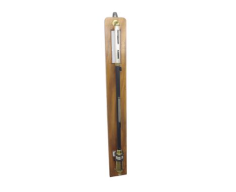 Fortin type stick barometer, with silvered dial above a black and metal shaft with a thermometer over a mercury reservoir and