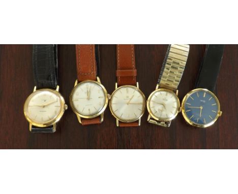 Five assorted gold plated gentlemen's wristwatches including Hamilton, Timex and Enicar (5)