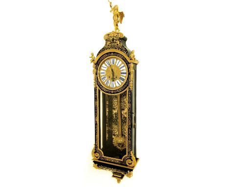 Fine French boulle two train wall clock, the 8.5" repousse gilt dial with Roman cartouche enamel numerals, within a glazed ca