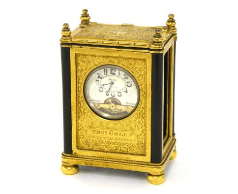Interesting carriage type clock, the ornate engraved case signed Thomas Cole's Horological Lantern to the face plate, enclosi