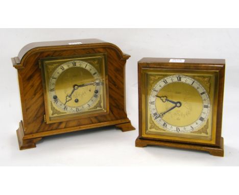 Elliott Art Deco walnut three train eight day mantel clock, the movement with Westminster and Whittington chime selector play