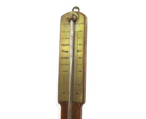 Mahogany stick barometer, the brass scale signed Mayers, Nottingham over a flat trunk and hemispherical cistern cover