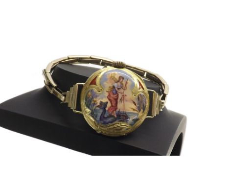 Attractive 18k and enamel lady's wristwatch, gilt cylinder bar movement with 10 jewels, the dial with Arabic numerals and gol