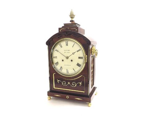 English mahogany double fusee bracket clock striking on a bell, the 8" dial signed Carter, Cornhill, London within an arched 