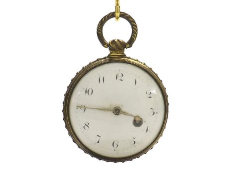 Late 18th/early 19th century gilt metal English verge pocket watch, unsigned fusee movement with pierced engraved balance coc