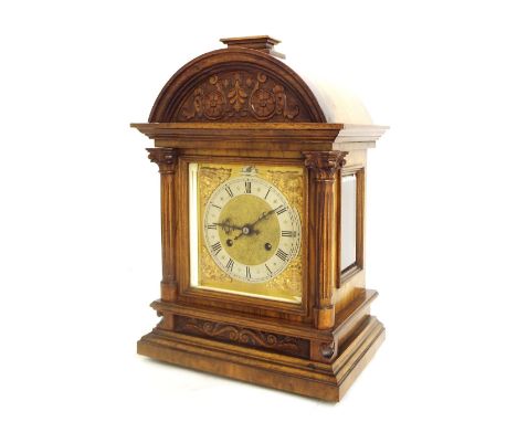 German walnut ting-tang mantel clock striking on two gongs, the 7" square brass dial with silver chapter ring enclosing a mat